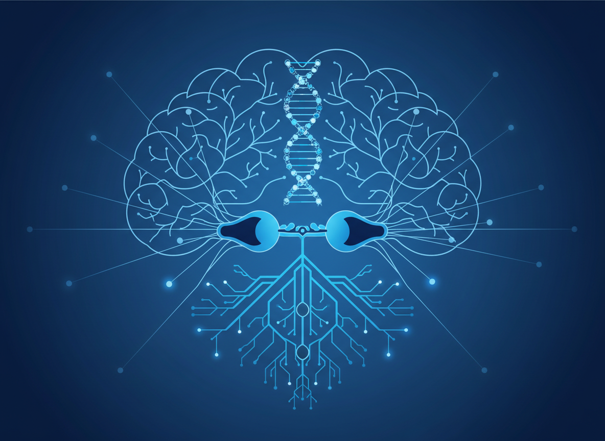 Illustrazione medica scientifica minimalista che rappresenta una sinapsi neuronale con connessioni cerebrali, DNA e reti neurali, palette colori blu scuro e azzurro, stile moderno e professionale adatto a un articolo di psichiatria e neurologia